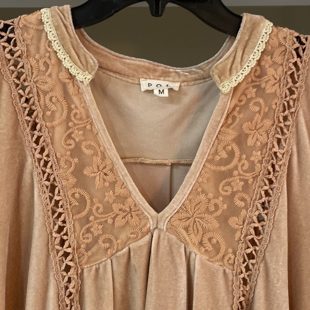 POL Womens V-Neck Velvet Goldenrod Embroidered Boho Floral Tunic/Dress - Sz M - Picture 3 of 16